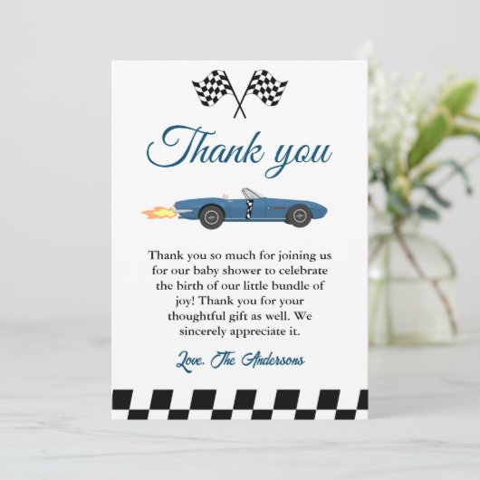 Auto Race Baby shower Dank u kaart (Staand voorkant)