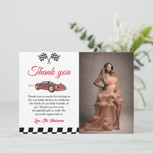 Auto Race Baby shower Dank u kaart (Staand voorkant)