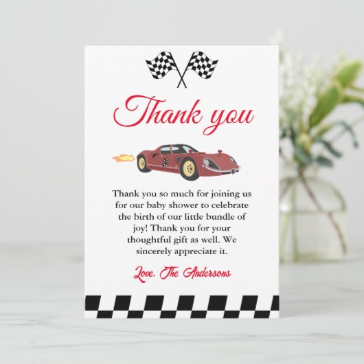 Auto Race Baby shower Dank u kaart (Staand voorkant)