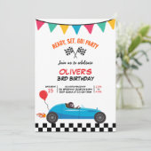 Auto Race Kids Verjaardagsfeest Uitnodiging Flat K (Staand voorkant)