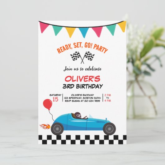 Auto Race Kids Verjaardagsfeest Uitnodiging Flat K (Staand voorkant)