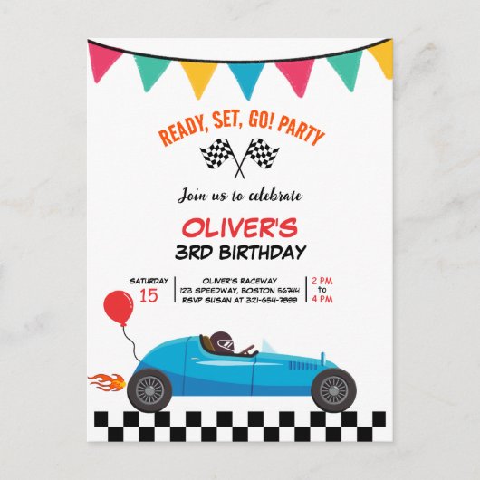 Auto Race Kids Verjaardagsfeest Uitnodiging Post K (Voorkant)