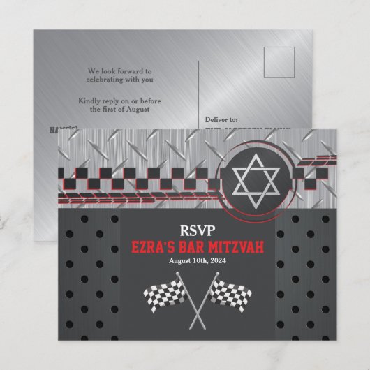 Auto Racing Bar Mitzvah RSVP Briefkaart (Voorkant / Achterkant)