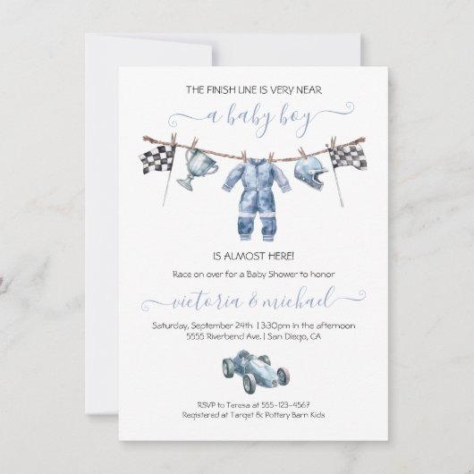 Auto Racing Jongen Clothesline Baby shower Kaart (Voorkant)
