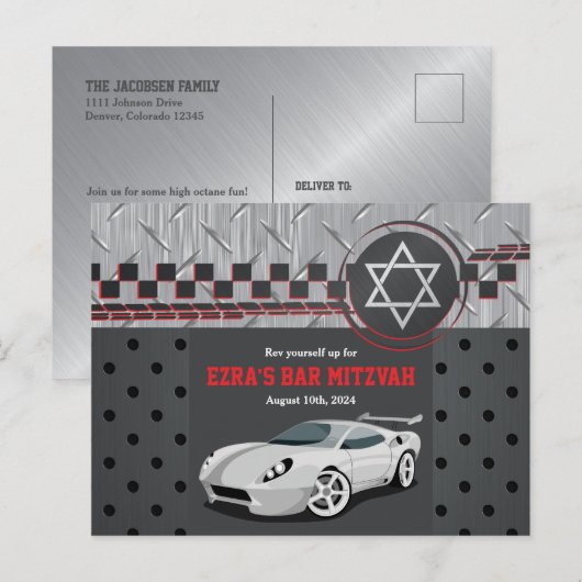 Auto Racing Racecar Bar Mitzvah Save the Date Briefkaart (Voorkant / Achterkant)