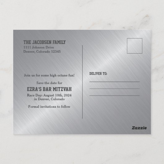 Auto Racing Racecar Bar Mitzvah Save the Date Briefkaart (Achterkant)