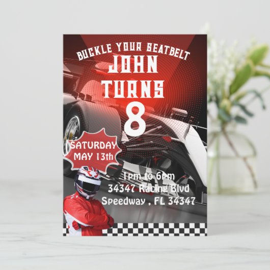 Auto Racing thema bewerkbare verjaardagsuitnodigin Kaart (Staand voorkant)