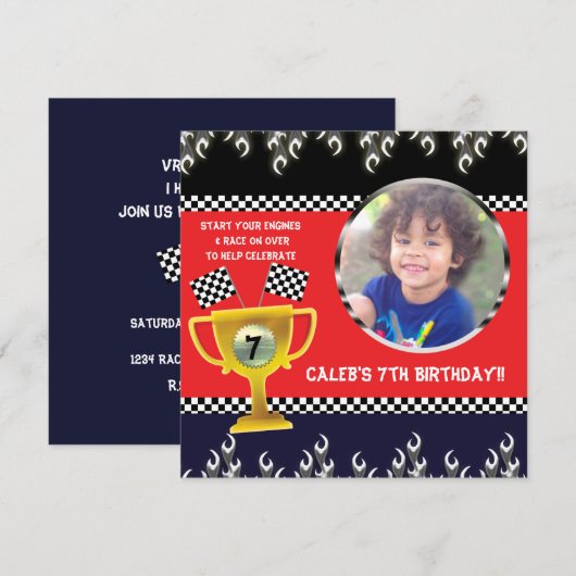 Auto Racing Trofee Verjaardagsfeestje Foto Uitnodi Kaart (Voorkant / Achterkant)