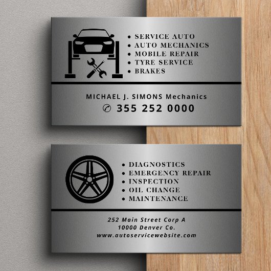 Auto repair professional mechanic silver metal visitekaartje