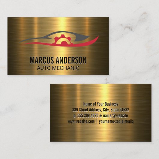 Auto Reparatie Logo | Goud Metalen Geborsteld Visitekaartje (Voorkant / Achterkant)