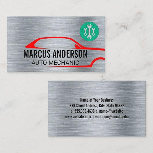 Auto Reparatie Logo | Metallic Staal Achtergrond Visitekaartje (Voorkant / Achterkant)