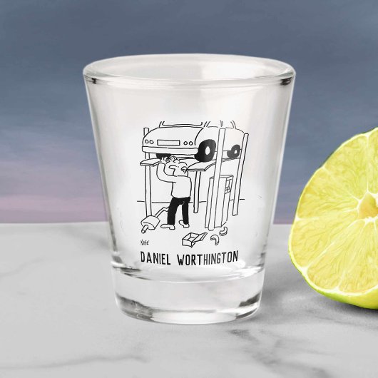 Auto Reparatie & Onderhoud Cartoon. Mechanic's Shot Glas