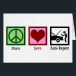 Auto reparatie Winkelkaart auto<br><div class="desc">Peace Love Auto Repair. Een coole autoreparateurskaart voor een automonteur in een automobielwerkplaats,  een voertuigtechnicus of een serviceafdeling die auto's vastlegt.</div>