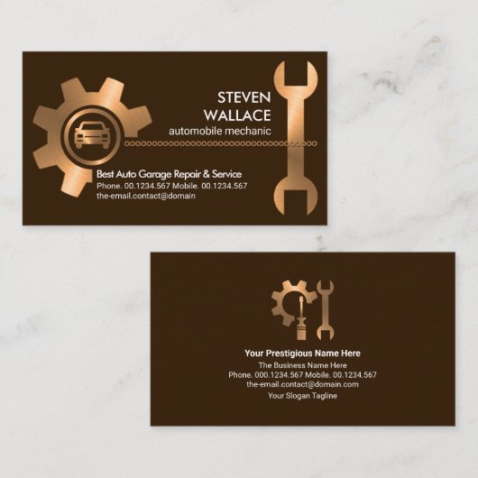 Auto-reparaties met een brons kettingwiel-rotaties visitekaartje (Voorkant / Achterkant)