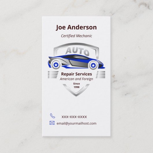 Auto Service Blue en Silver Car Logo Visitekaartje (Voorkant)