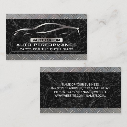 Auto Shop Metalen Auto Logo | Zwarte Marmeren Meta Visitekaartje (Voorkant / Achterkant)