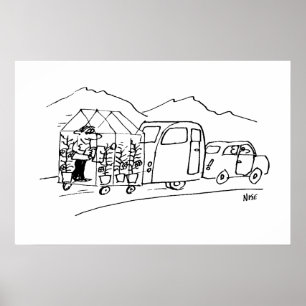 Auto sleept een caravan en ook een kas poster