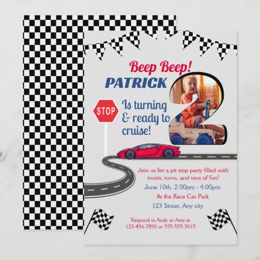 Auto-thema 2e verjaardag uitnodiging voor jongen (Voorkant / Achterkant)