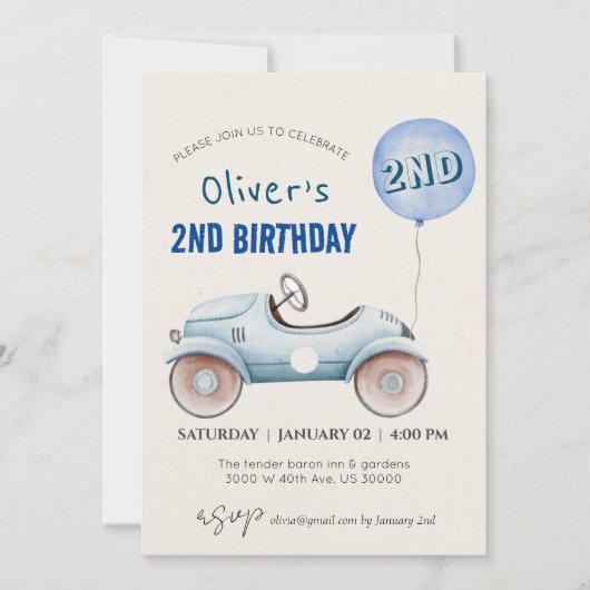 Auto thema jongen tweede verjaardag kaart (Voorkant)