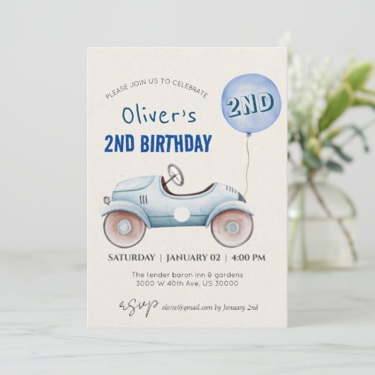 Auto thema jongen tweede verjaardag kaart (Staand voorkant)