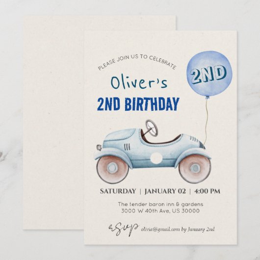 Auto thema jongen tweede verjaardag kaart (Voorkant / Achterkant)