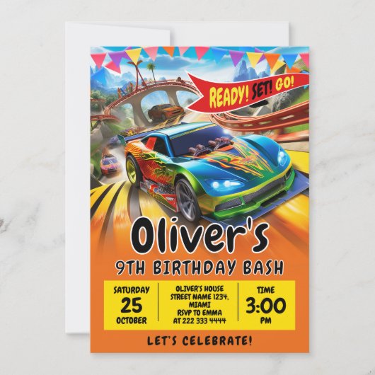 Auto Verjaardag uitnodiging, Race auto uitnodiging (Voorkant)