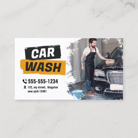 Auto Wash Detailing Automotive Waxing Wit Geel Visitekaartje (Voorkant)