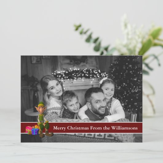 Auto zwarte en Witte Foto Elf en Rode Tekstband Feestdagenkaart (Staand voorkant)