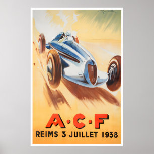 Autocoureursposter ACF Reims Race Car Art 1938 Poster