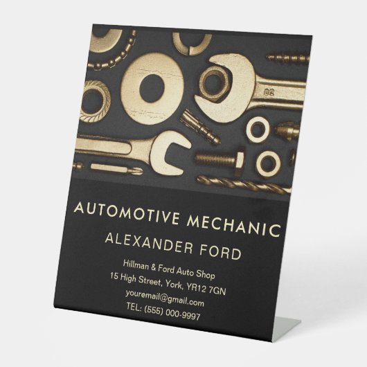 autogarage Metaalgoud staal Reclamebord Met Voetstuk (Voorkant)