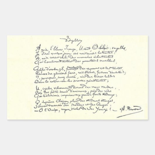 Autografiemanuscript van Voyelles (Rimbaud) Rechthoekige Sticker (Voorkant)