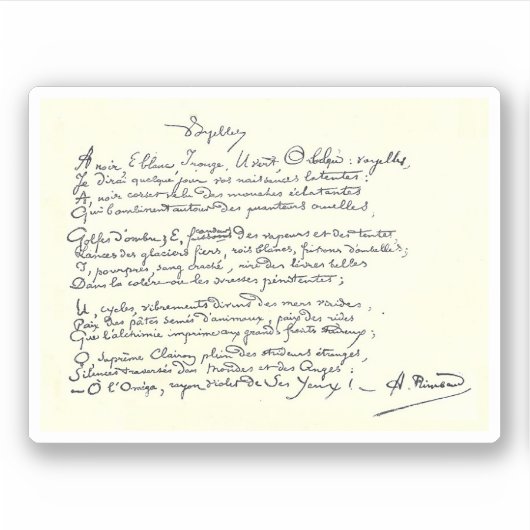 Autografisch manuscript van Voyelles (Rimbaud) Sticker (Voorkant)