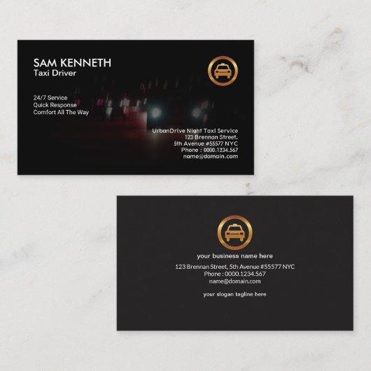 Autokoplampen Bokeh Night Shift Taxi Service Visitekaartje (Voorkant / Achterkant)