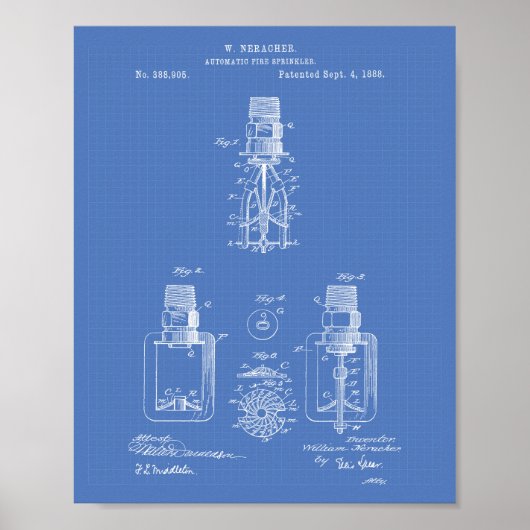 Automatisch brandblad 1888 - patent - blauwdruk poster (Voorkant)