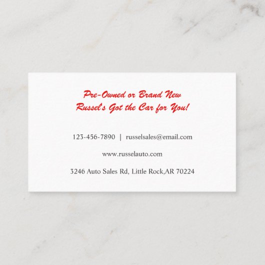 Automatische verkoop van klassieke auto's visitekaartje (Achterkant)