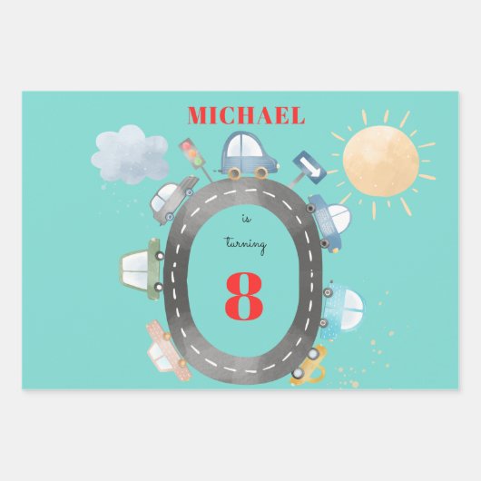 Auto's en voertuigen op de weg jongen verjaardag inpakpapier vel (Voorkant)