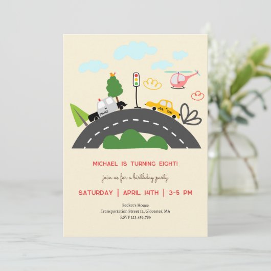 Auto's en voertuigen op de weg jongen verjaardag kaart (Staand voorkant)
