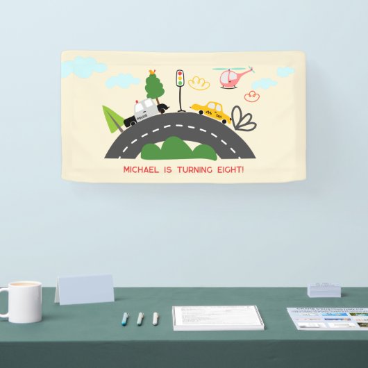 Auto's en voertuigen op de weg jongen verjaardag spandoek (Beurs)