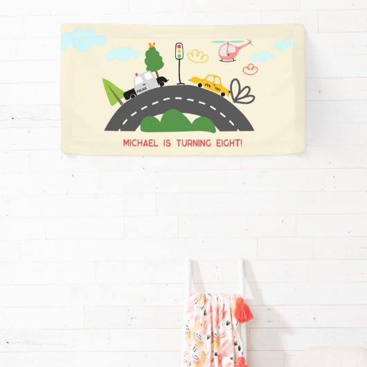 Auto's en voertuigen op de weg jongen verjaardag spandoek (Insitu)