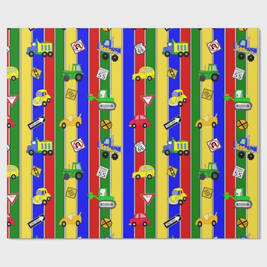 Auto's en vrachtwagens Blauw, Groen en Geel Jongen Cadeaupapier (Vlak)