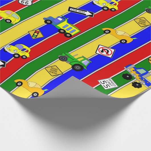 Auto's en vrachtwagens Blauw, Groen en Geel Jongen Cadeaupapier (Hoek)