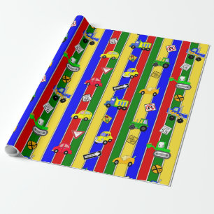 Auto's en vrachtwagens Blauw, Groen en Geel Jongen Cadeaupapier