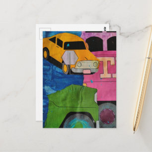 Auto's en vrachtwagens geel groen roze blauw colla briefkaart