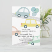 Auto's met Balloons Blue Boy Drive-by Baby shower Kaart (Staand voorkant)