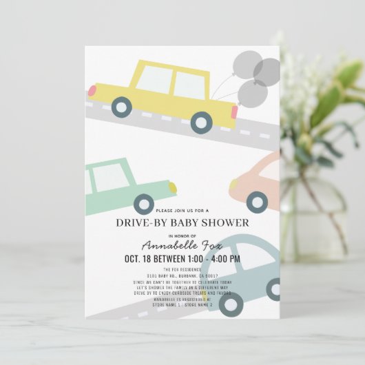 Auto's met Balloons Yellow Drive-by Baby shower Kaart (Staand voorkant)