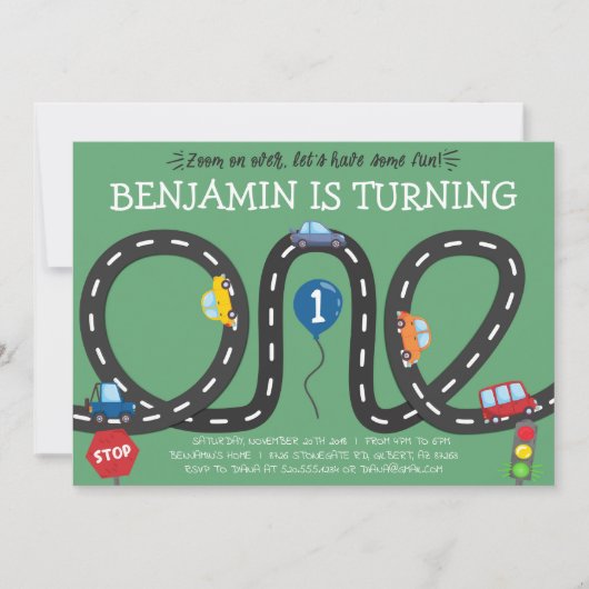 Auto's op Wegen 1e Verjaardag Uitnodiging (Voorkant)