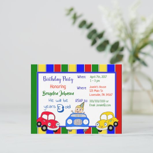 Auto's Rood Blauw Groene Jongen Verjaardag Uitnodi Uitnodiging Briefkaart (Staand voorkant)