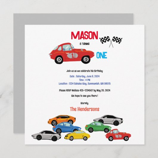 Auto's thema eerste verjaardagsfeestuitnodiging save the date (Voorkant / Achterkant)