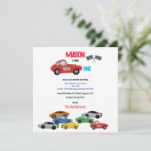 Auto's thema eerste verjaardagsfeestuitnodiging save the date (Staand voorkant)