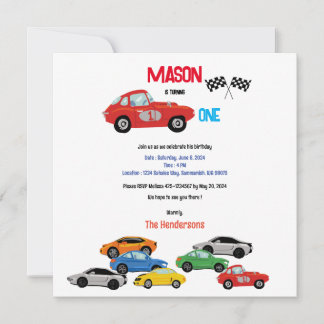 Auto's thema eerste verjaardagsfeestuitnodiging save the date